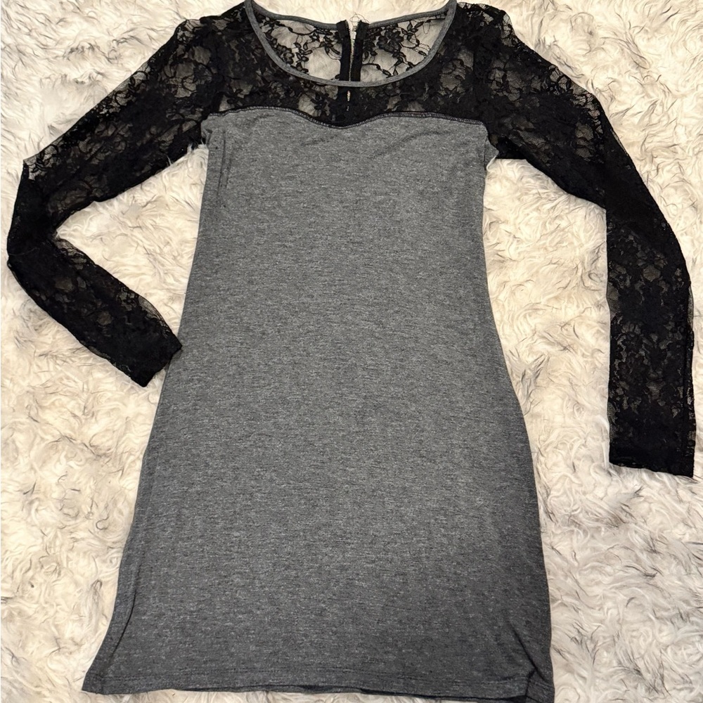 Honey Punch- Black and Gray Sheath Dress With Lace Long Sleeve And Scoop Neck